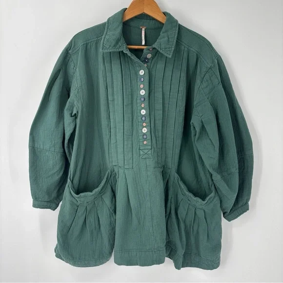 Free People Thalia Mini Shirtdress S Pullover Jacket Button Oversized Teal Boho - Picture 5 of 16